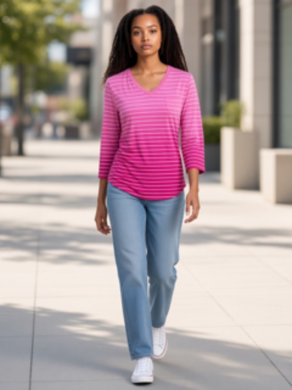 Style & Co Women's Ombre Striped V-Neck 3/4 Sleeve Top Size M